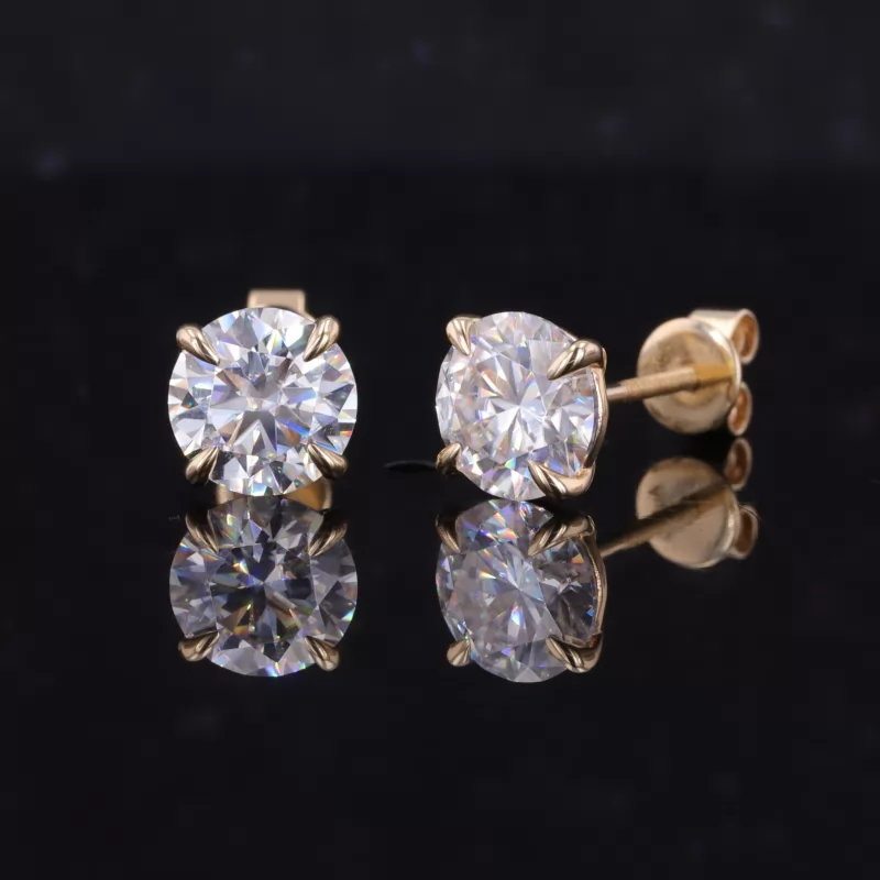 7mm Round Brilliant Cut Moissanite 4 Prongs 14K Yellow Gold Diamond Stud Earrings
