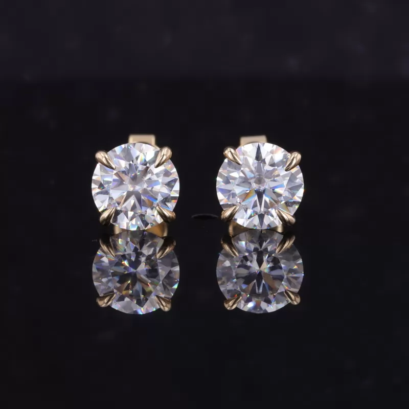 7mm Round Brilliant Cut Moissanite 4 Prongs 14K Yellow Gold Diamond Stud Earrings