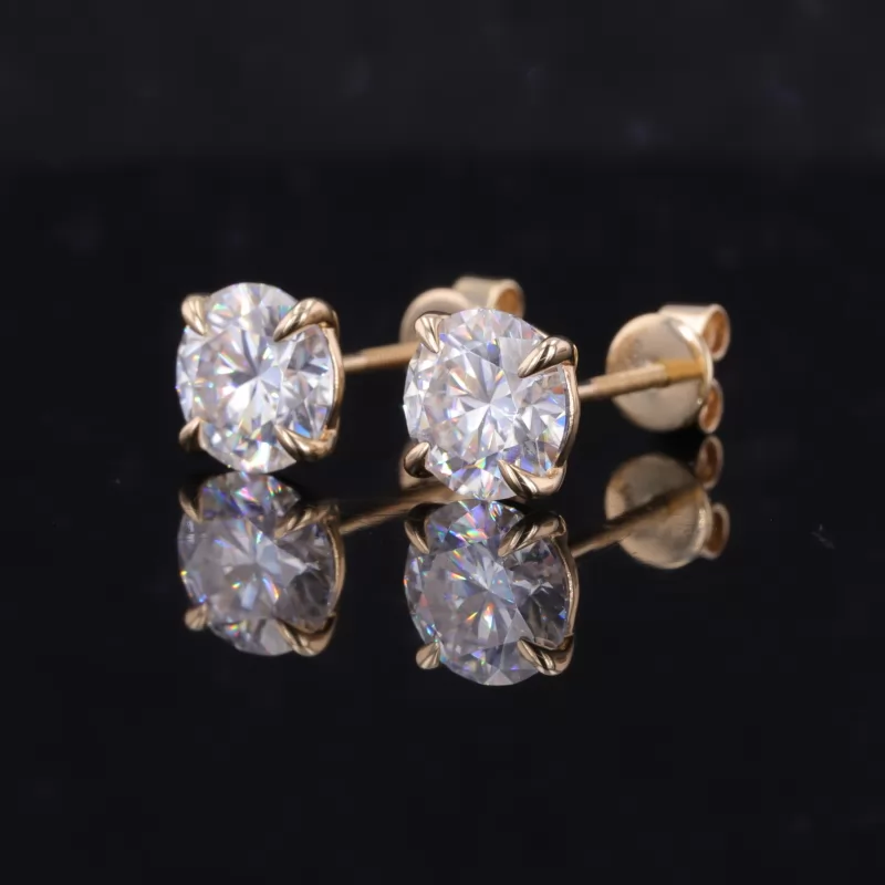 7mm Round Brilliant Cut Moissanite 4 Prongs 14K Yellow Gold Diamond Stud Earrings