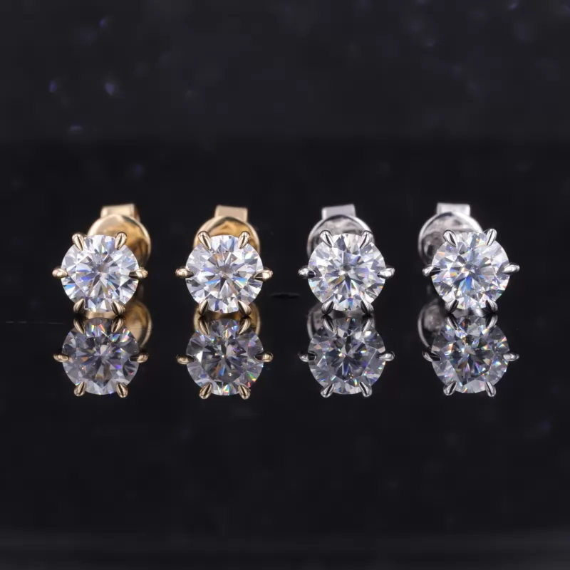 5mm Round Brilliant Cut Moissanite 6 Prongs 14K Gold Diamond Stud Earrings