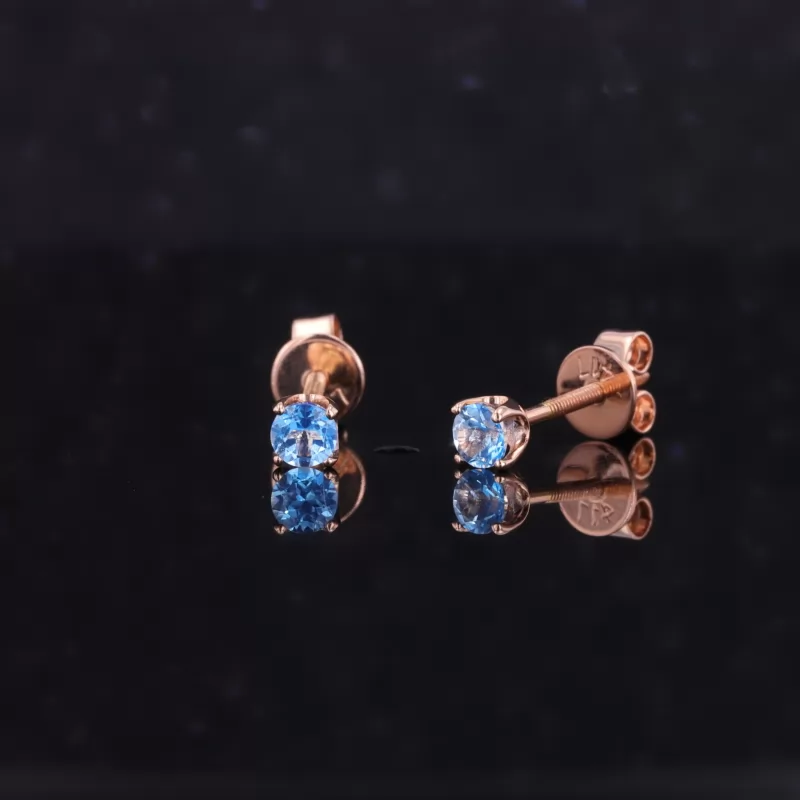 3mm Round Brilliant Cut Lab Grown Paraiba Sapphire 10K Rose Gold Diamond Stud Earrings