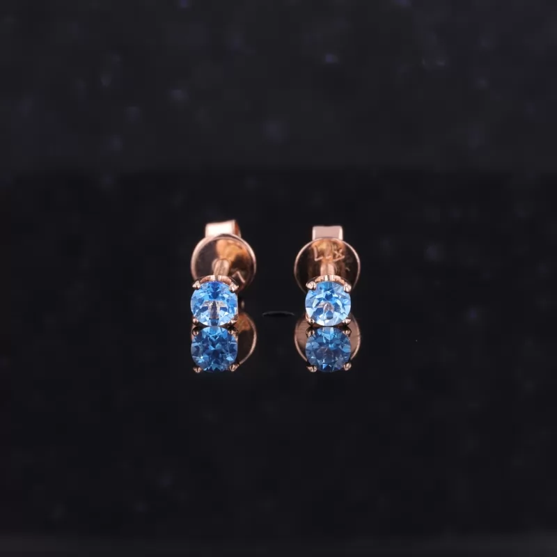 3mm Round Brilliant Cut Lab Grown Paraiba Sapphire 10K Rose Gold Diamond Stud Earrings