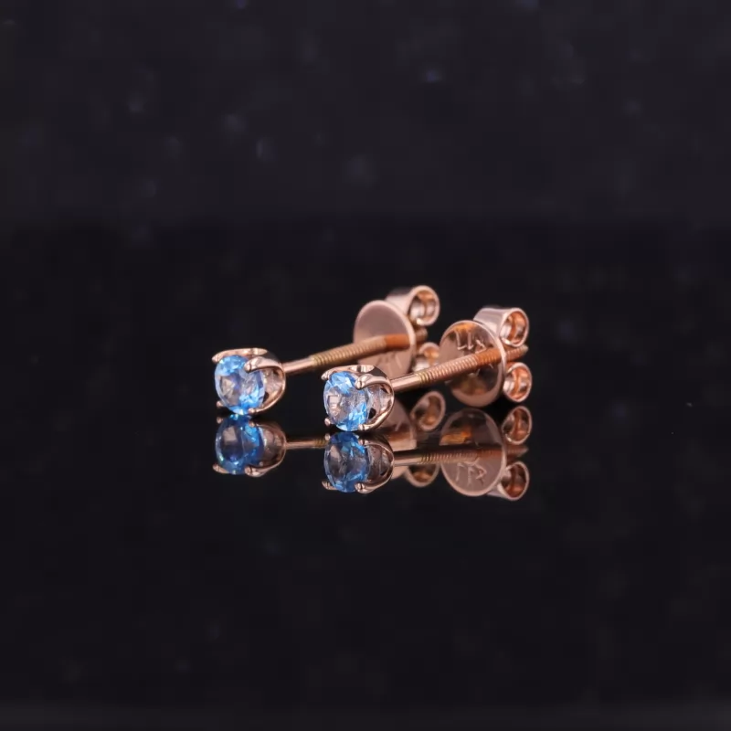 3mm Round Brilliant Cut Lab Grown Paraiba Sapphire 10K Rose Gold Diamond Stud Earrings