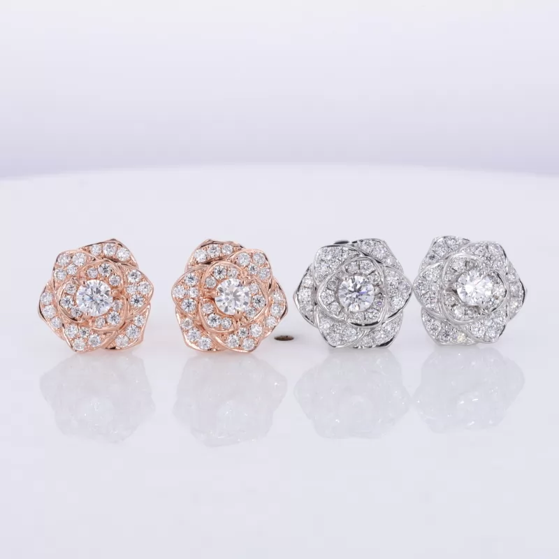 3.5mm Round Brilliant Cut Moissanite 14K Gold Rose Design Diamond Stud Earrings