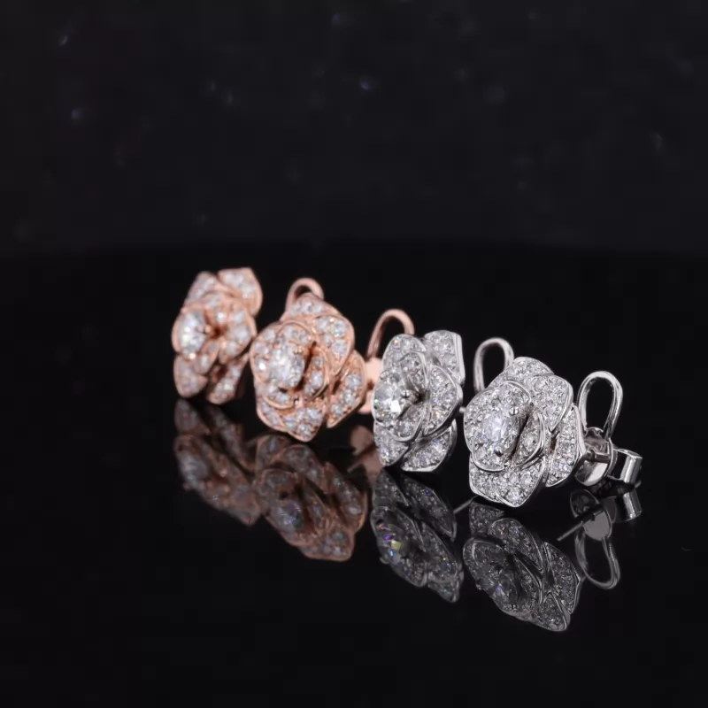 3.5mm Round Brilliant Cut Moissanite 14K Gold Rose Design Diamond Stud Earrings