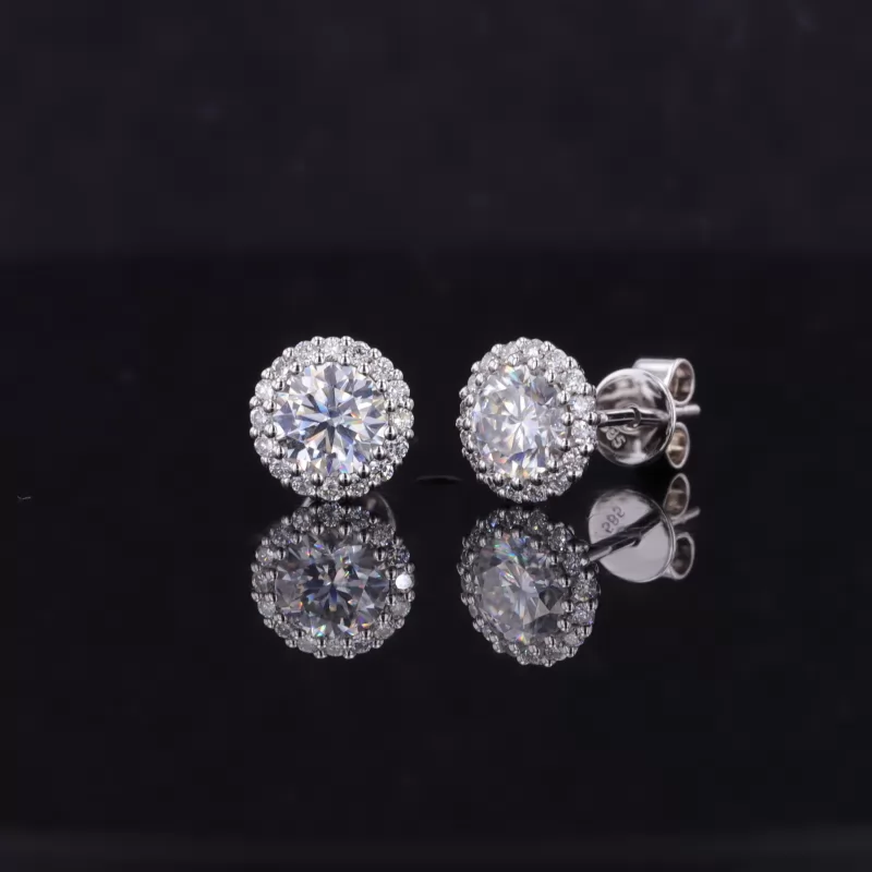 5mm Round Brilliant Cut Moissanite Halo Set 14K White Gold Diamond Stud Earrings