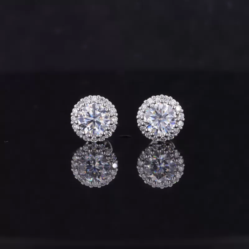 5mm Round Brilliant Cut Moissanite Halo Set 14K White Gold Diamond Stud Earrings