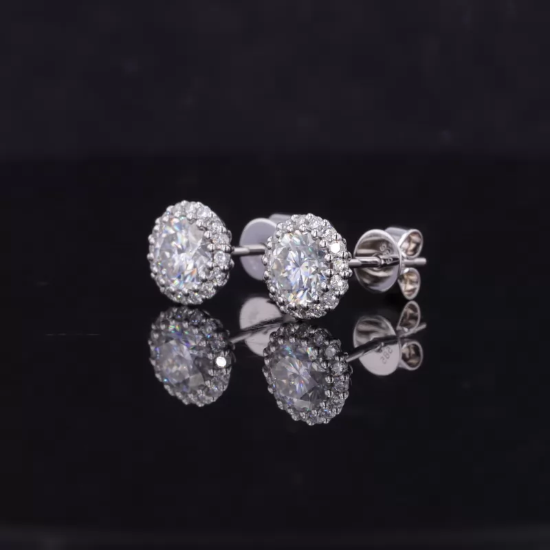 5mm Round Brilliant Cut Moissanite Halo Set 14K White Gold Diamond Stud Earrings