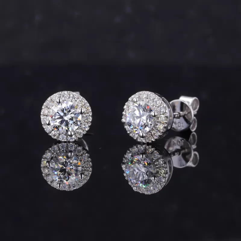 4.3mm Round Brilliant Cut CVD Lab Grown Diamond Halo Set 10K White Gold Diamond Stud Earrings