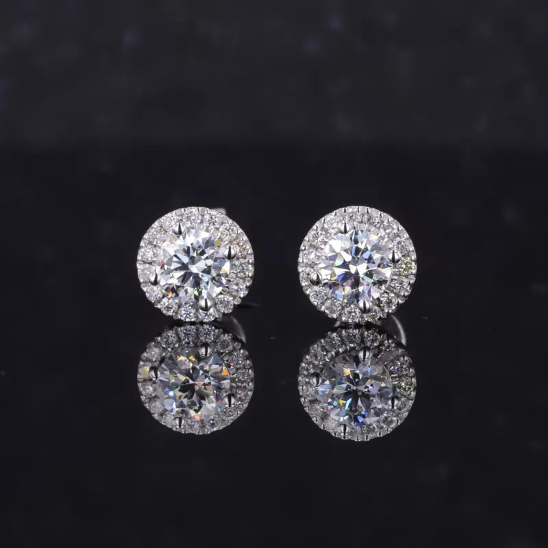 4.3mm Round Brilliant Cut CVD Lab Grown Diamond Halo Set 10K White Gold Diamond Stud Earrings