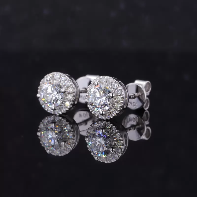 4.3mm Round Brilliant Cut CVD Lab Grown Diamond Halo Set 10K White Gold Diamond Stud Earrings