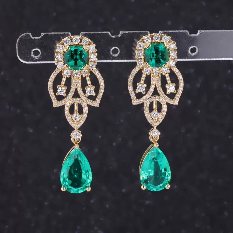 8×12mm Pear Cut Lab Grown Emerald 18K Gold Diamond Earrings