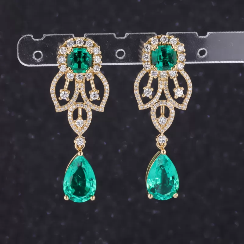 8×12mm Pear Cut Lab Grown Emerald 18K Yellow Gold Diamond Earrings