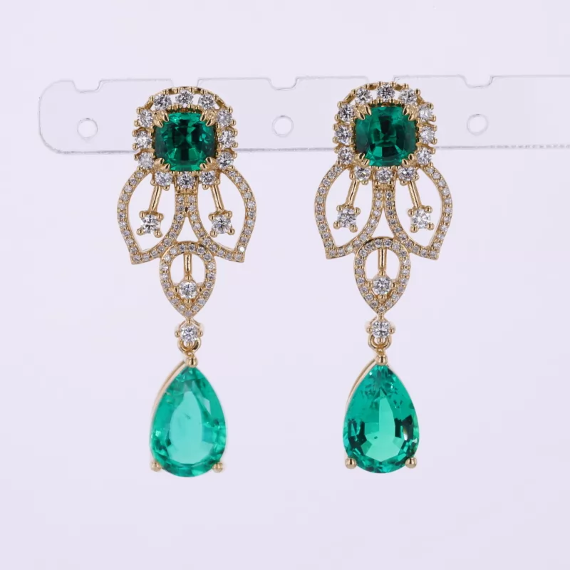 8×12mm Pear Cut Lab Grown Emerald 18K Yellow Gold Diamond Earrings