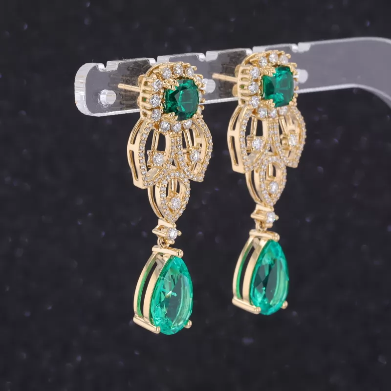 8×12mm Pear Cut Lab Grown Emerald 18K Yellow Gold Diamond Earrings