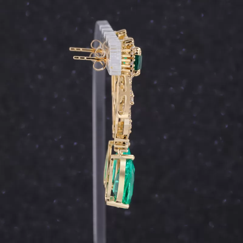 8×12mm Pear Cut Lab Grown Emerald 18K Yellow Gold Diamond Earrings