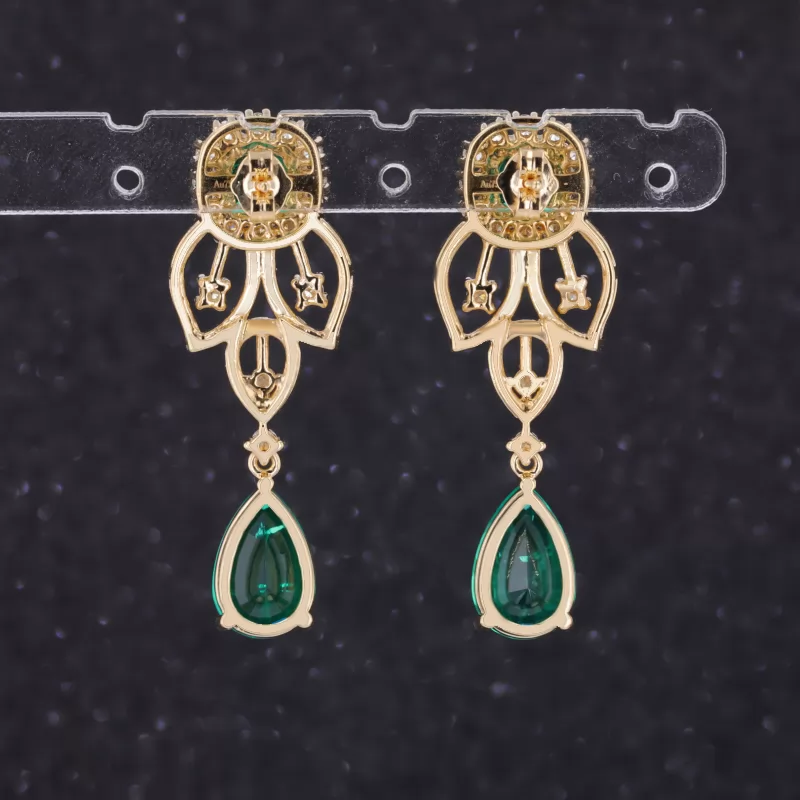 8×12mm Pear Cut Lab Grown Emerald 18K Gold Diamond Earrings