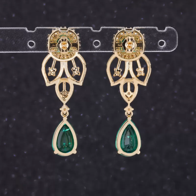 8×12mm Pear Cut Lab Grown Emerald 18K Yellow Gold Diamond Earrings