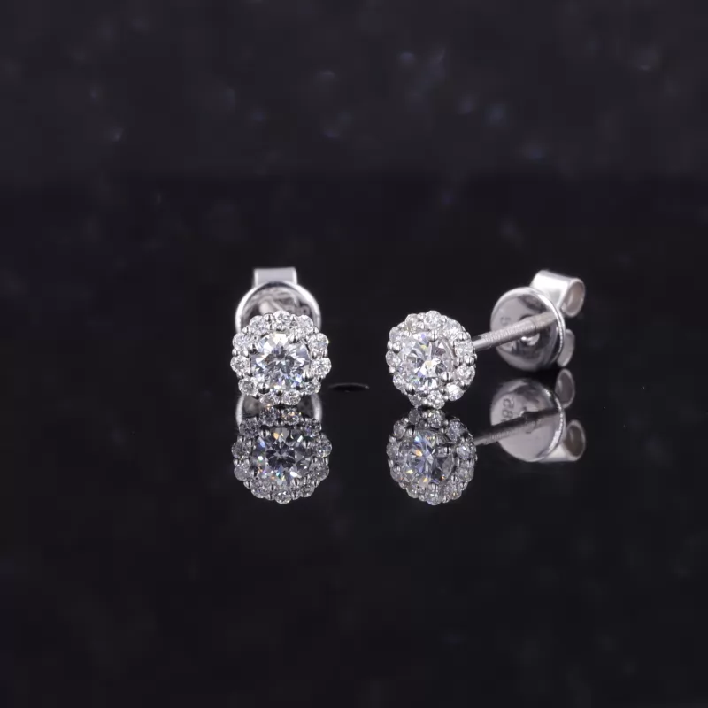 3mm Round Brilliant Cut Moissanite Halo Set 14K White Gold Diamond Stud Earrings