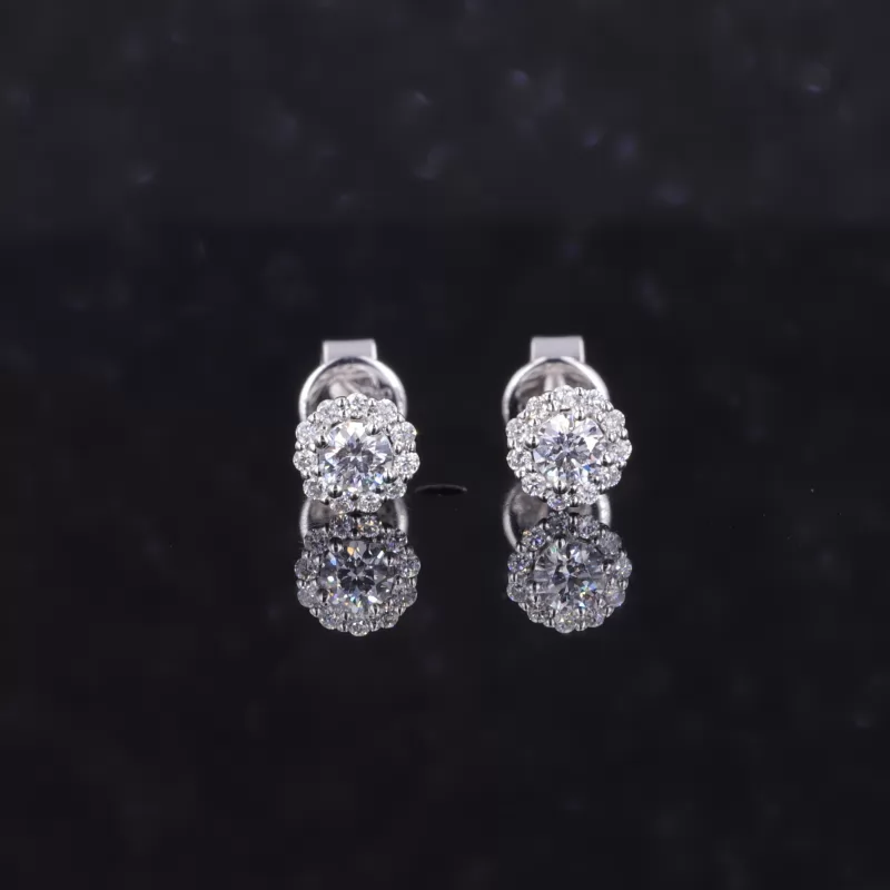 3mm Round Brilliant Cut Moissanite Halo Set 14K White Gold Diamond Stud Earrings