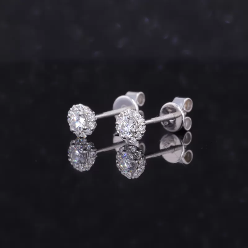 3mm Round Brilliant Cut Moissanite Halo Set 14K White Gold Diamond Stud Earrings