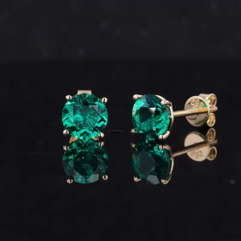 6.5mm Round Brilliant Cut Lab Grown Emerald Screw Back 18K Gold Diamond Stud Earrings