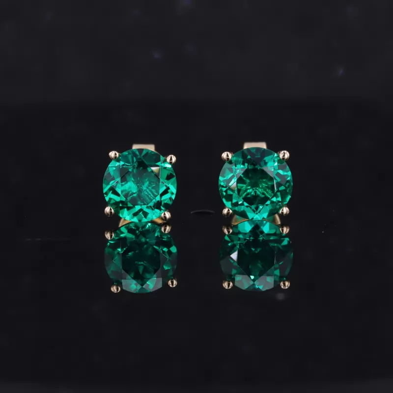 6.5mm Round Brilliant Cut Lab Grown Emerald Screw Back 18K Yellow Gold Diamond Stud Earrings