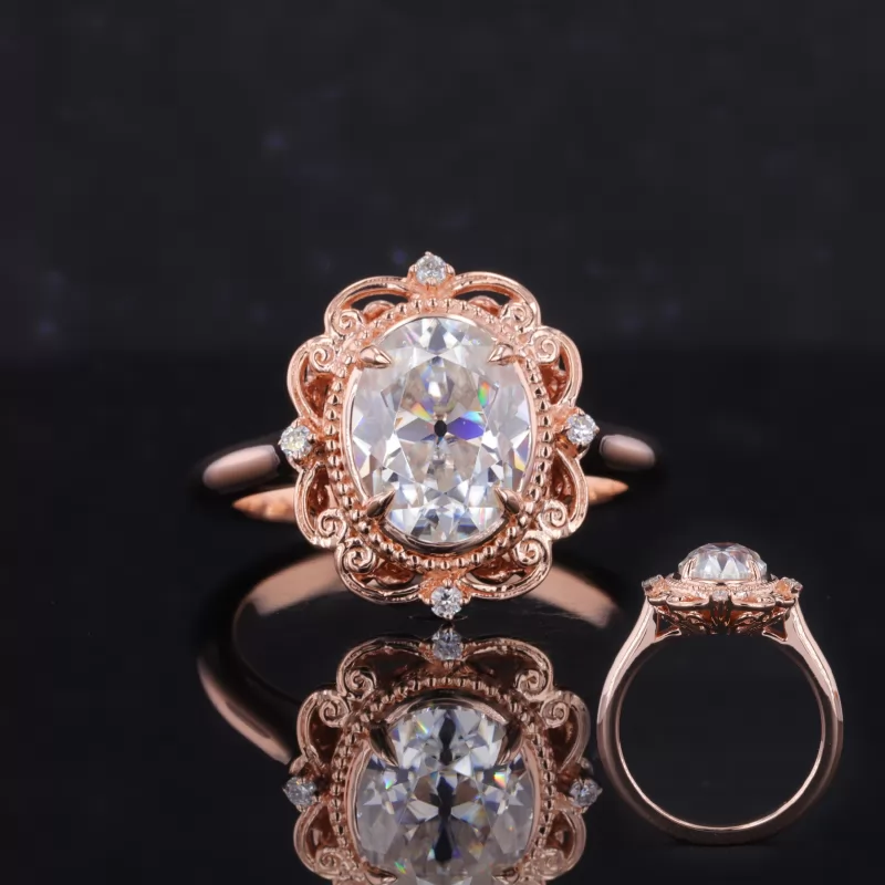 7×9mm Oval Cut Moissanite 14K Rose Gold Vintage Engagement Ring