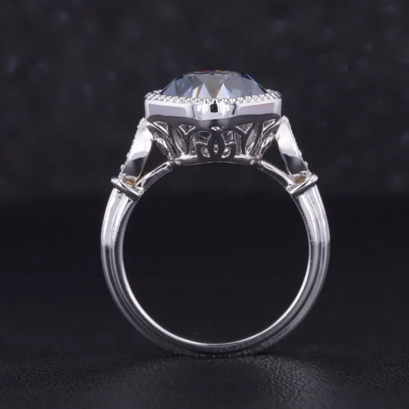 9×9mm Old Mine Cut Grey Color Moissanite 10K White Gold Vintage Engagement Ring