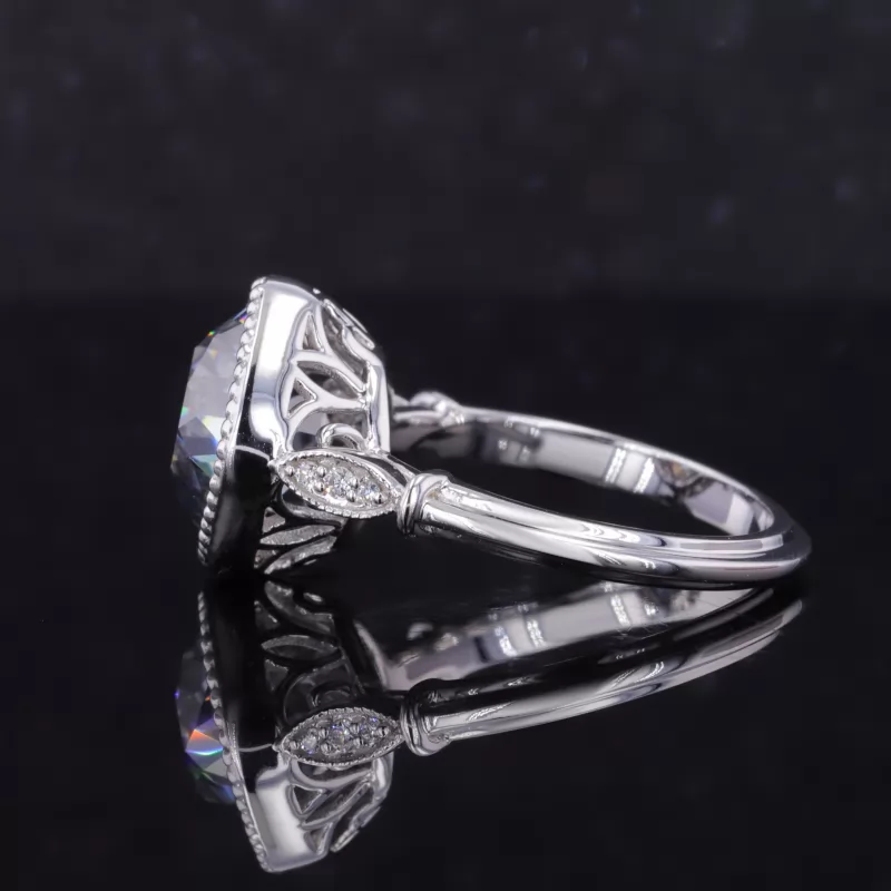 9×9mm Old Mine Cut Grey Color Moissanite 10K White Gold Vintage Engagement Ring