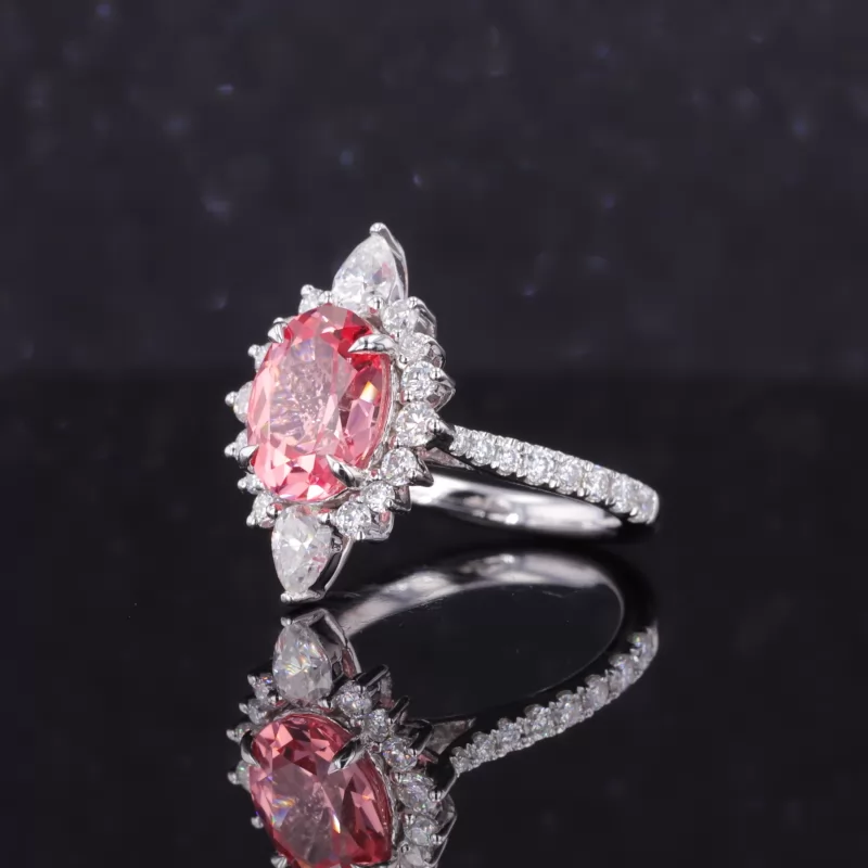 7×9mm Oval Cut Lab Grown Padparadscha Pink Sapphire 14K White Gold Vintage Engagement Ring