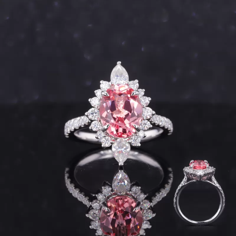 7×9mm Oval Cut Lab Grown Padparadscha Pink Sapphire 14K White Gold Vintage Engagement Ring