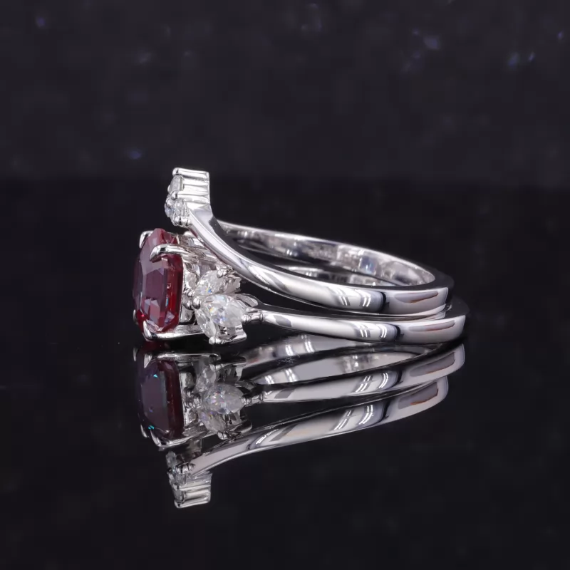 7×7mm Hexagon Cut Lab Grown Alexandrite Sapphire 14K White Gold Vintage Engagement Ring Set