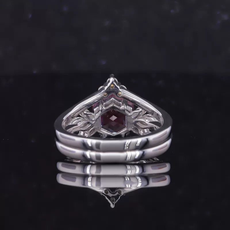 7×7mm Hexagon Cut Lab Grown Alexandrite Sapphire 14K White Gold Vintage Engagement Ring Set
