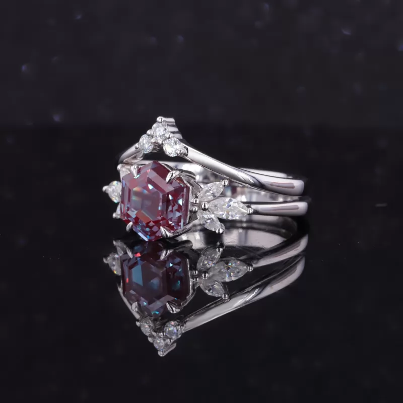 7×7mm Hexagon Cut Lab Grown Alexandrite Sapphire 14K White Gold Vintage Engagement Ring Set