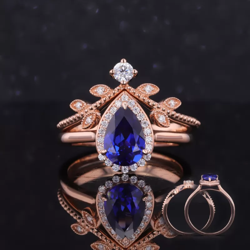 6×9mm Pear Cut Royal Blue Lab Grown Sapphire 14K Rose Gold Vintage Engagement Ring Set