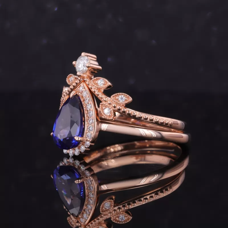 6×9mm Pear Cut Royal Blue Lab Grown Sapphire 14K Rose Gold Vintage Engagement Ring Set