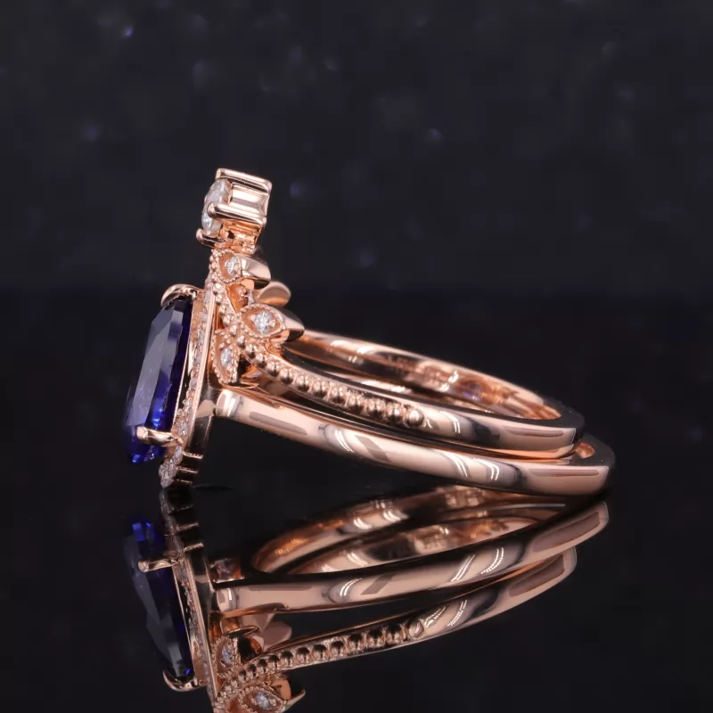 6×9mm Pear Cut Royal Blue Lab Grown Sapphire 14K Rose Gold Vintage Engagement Ring Set