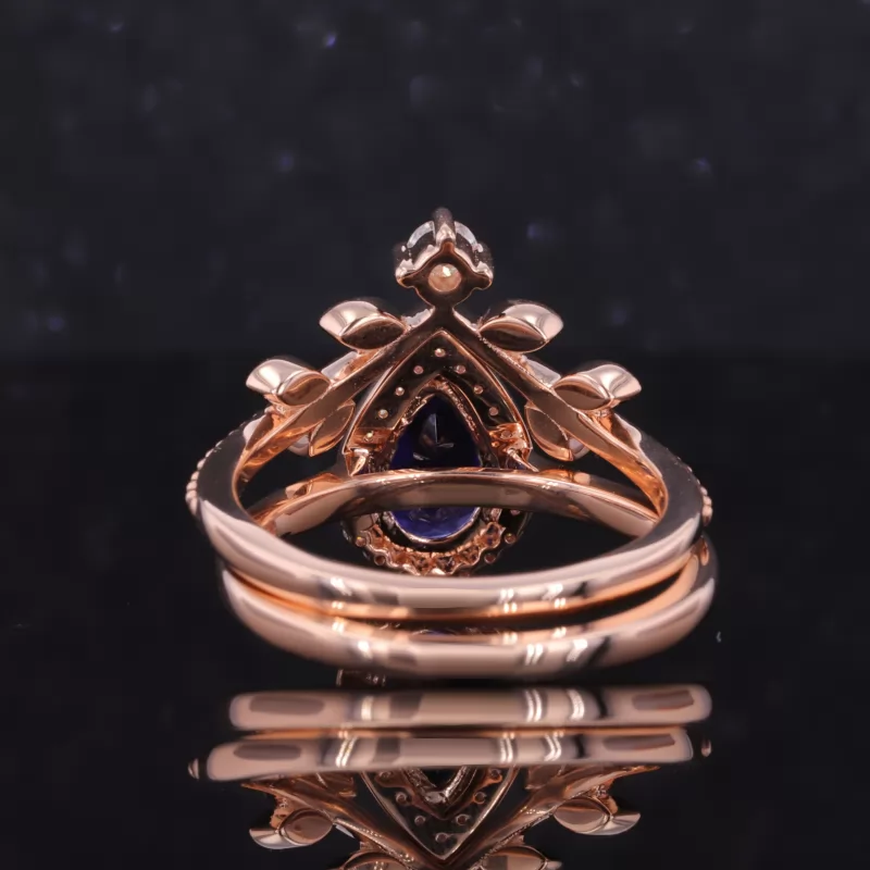 6×9mm Pear Cut Royal Blue Lab Grown Sapphire 14K Rose Gold Vintage Engagement Ring Set