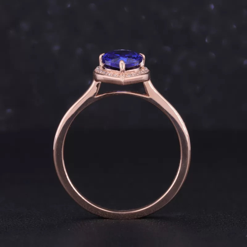 6×9mm Pear Cut Royal Blue Lab Grown Sapphire 14K Rose Gold Vintage Engagement Ring Set