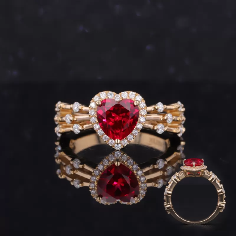 7×7mm Heart Cut Lab Grown Ruby 14K Yellow Gold Vintage Engagement Ring