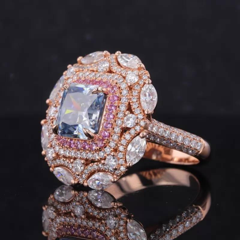 8×8mm Asscher Cut Blue Diamond Moissanite 10K Rose Gold Vintage Engagement Ring