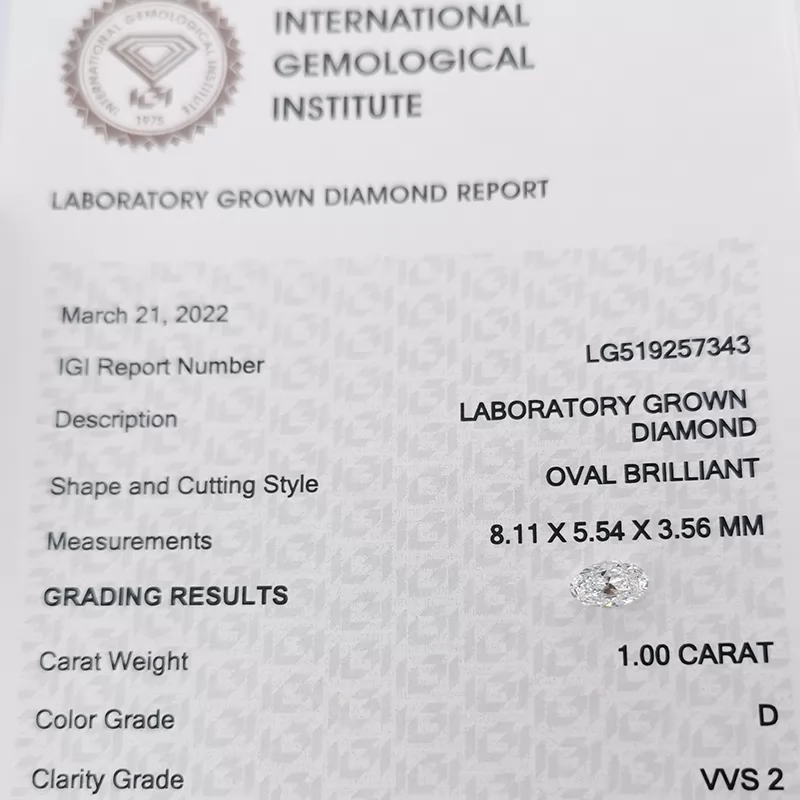 1ct D VVS2 Oval Cut IGI HPHT Lab Grown Diamond