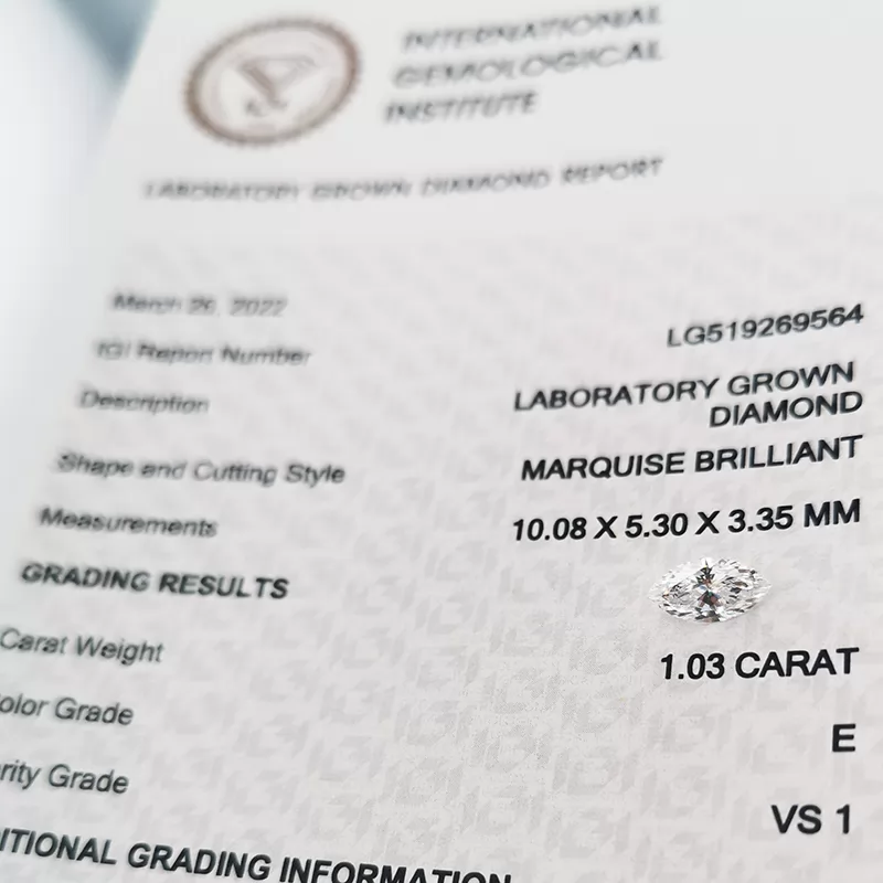 1.03ct E VS1 Marquise Cut HPHT IGI Lab Grown Diamond