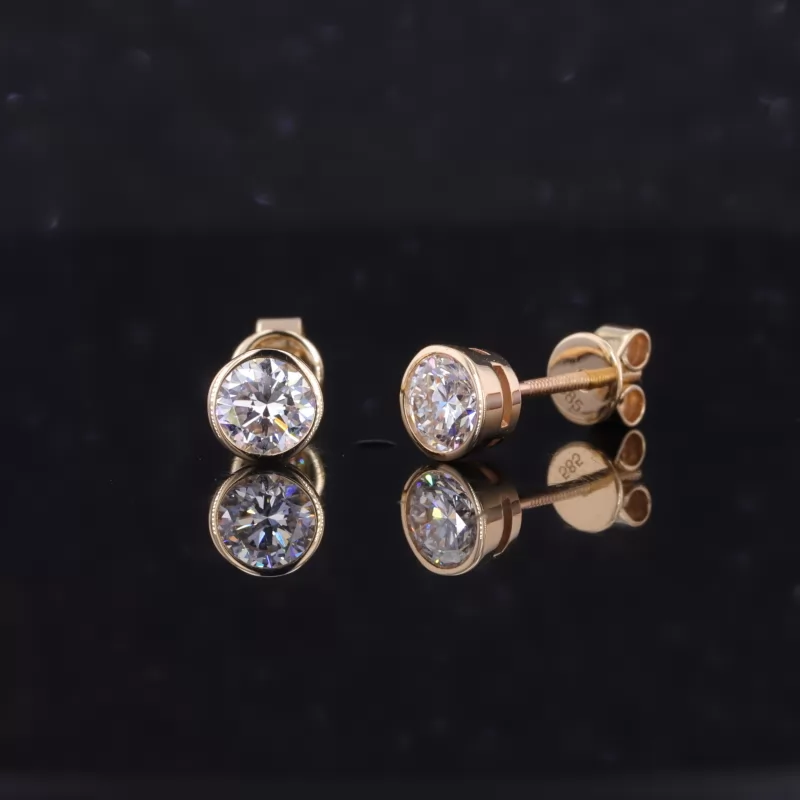 4.5mm Round Brilliant Cut Moissanite Bezel Set 14K Yellow Gold Diamond Stud Earrings
