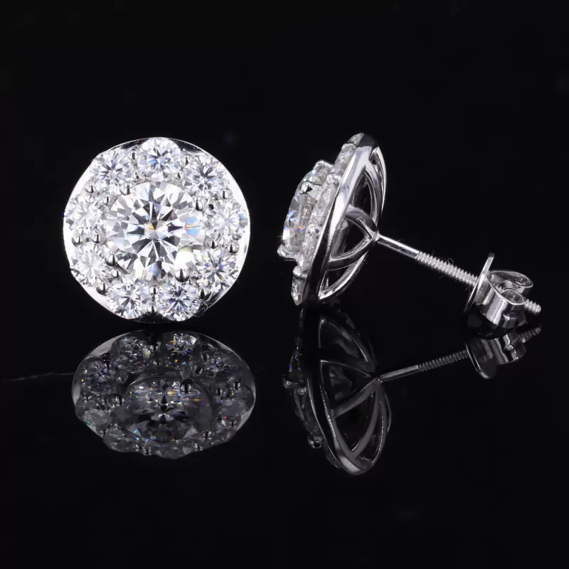 5mm Round Brilliant Cut Moissanite Halo Set 14K White Gold Diamond Stud Earrings