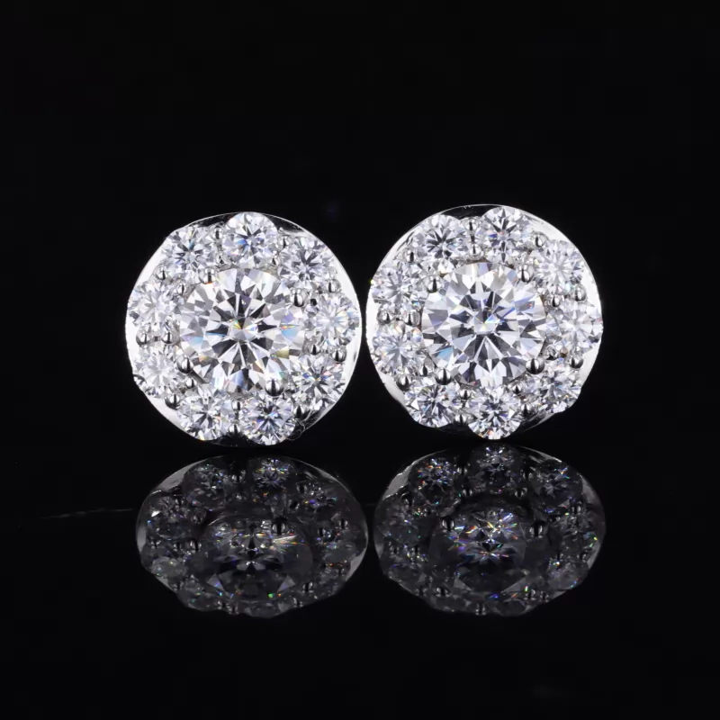 5mm Round Brilliant Cut Moissanite Halo Set 14K White Gold Diamond Stud Earrings