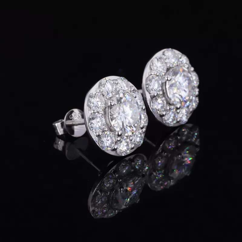 5mm Round Brilliant Cut Moissanite Halo Set 14K White Gold Diamond Stud Earrings