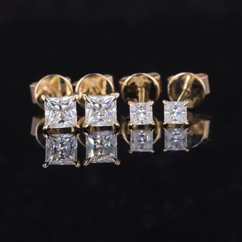 5×5mm Princess Cut Moissanite 9K Yellow Gold Diamond Stud Earrings