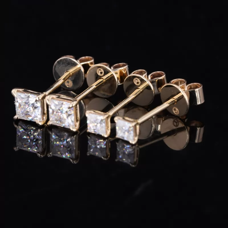 5×5mm Princess Cut Moissanite 9K Yellow Gold Diamond Stud Earrings